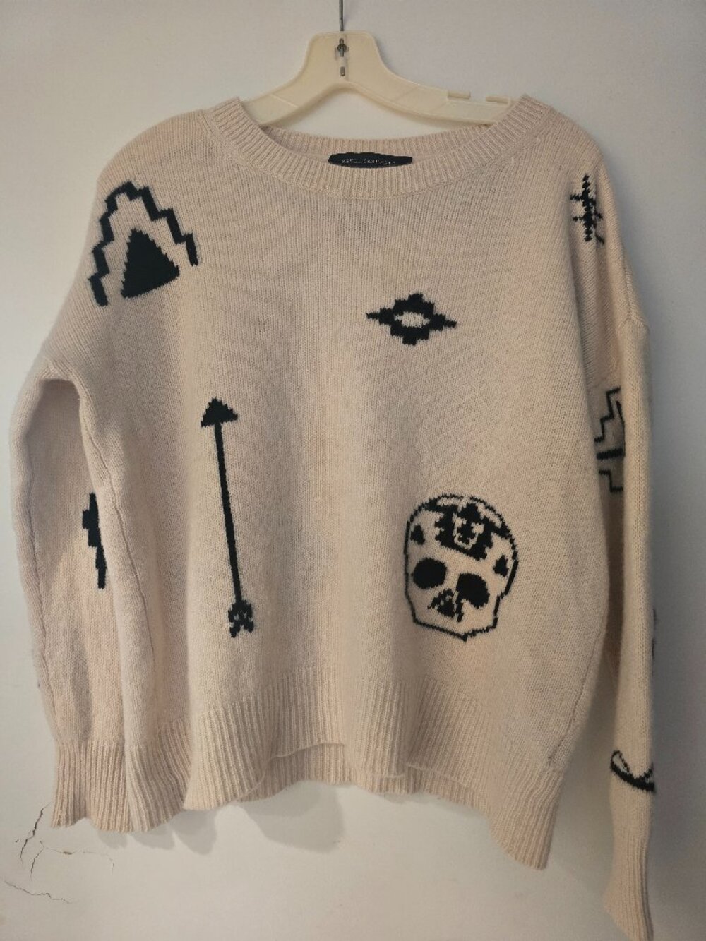 Skull Cashmere Sweater Womens M Ivory Black Skull Southwest Intarsia Knit
